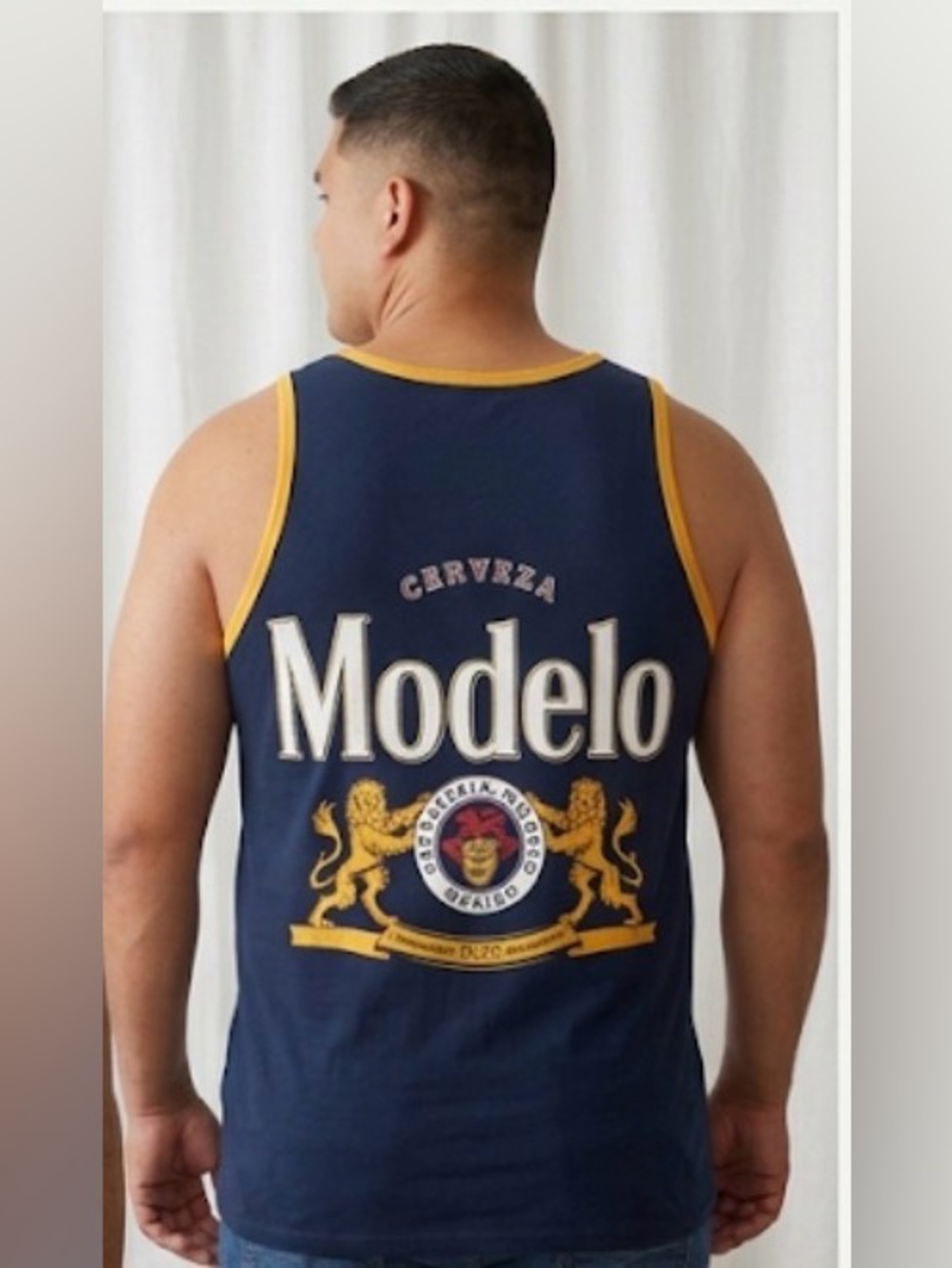 Cerveza Modelo Tank Top Mens L (42/44) Navy Blue Yellow Trim Beer Graphic(A589)